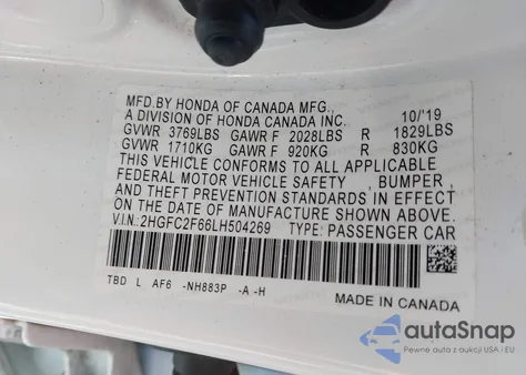 2020 Honda Civic Lx z USA, uszkodzony, nr VIN 2HGFC2F66LH504269